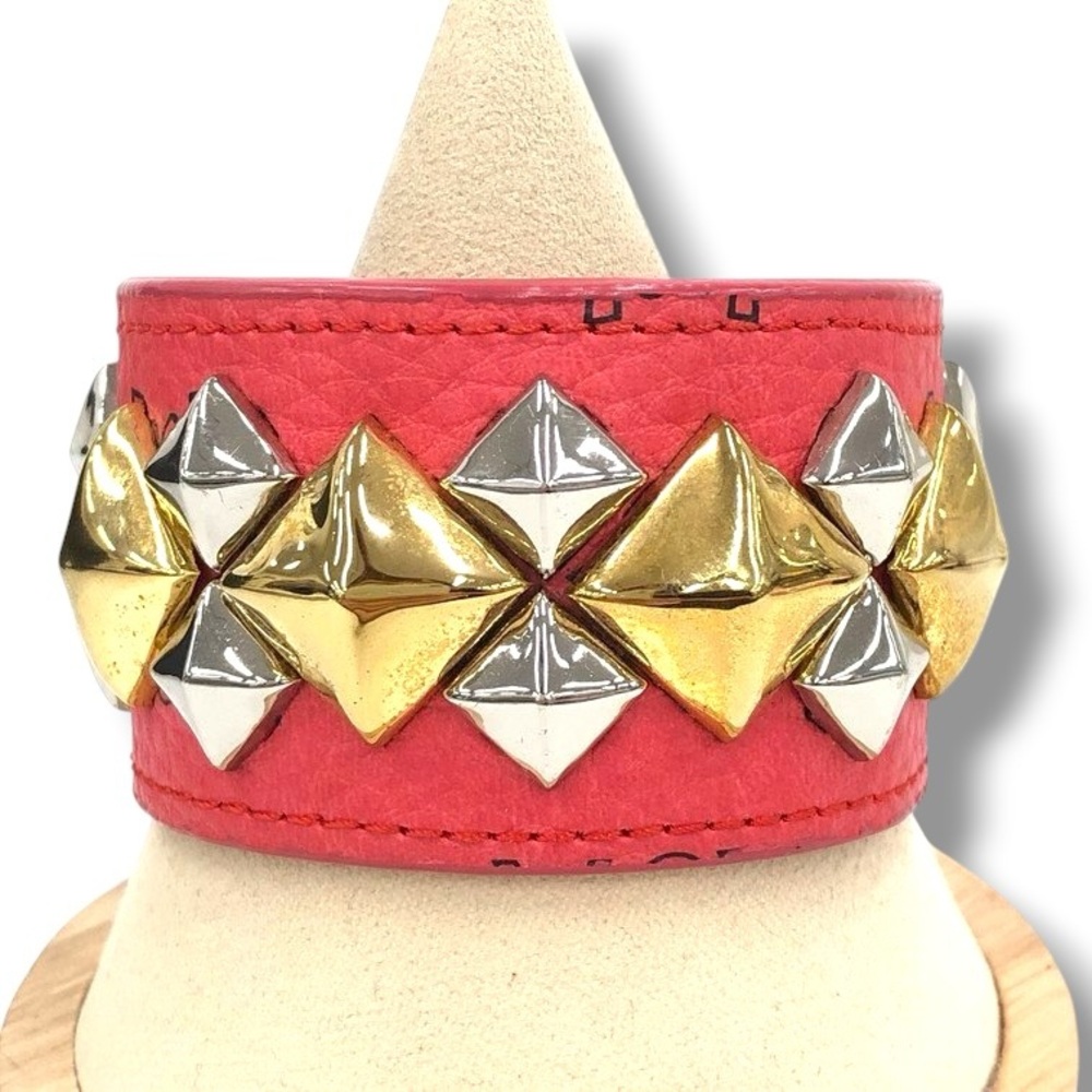 MCM Studded Leather Cuff Bracelet with Gold & Silver Studs Unisex Rare Visetos